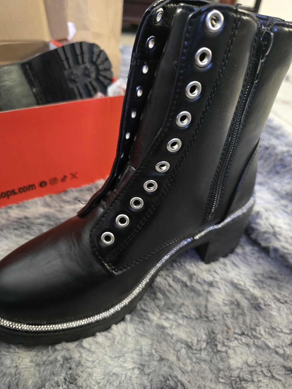 Black Studded Combat Boot with Side Zipper - Women